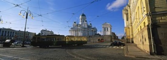 Tram Moving On A Road Senate Square Helsinki Finland Canvas Art - Panoramic Images (36 x 13)