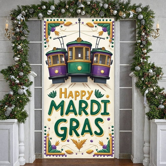 Tram Pattern Mardi Gras Banner Purple Green Gold Happy Mardi Gras Display Festive Colorful Design Carnival Backdrop for Mardi Gras Party Carnival Celebration New Orleans Event