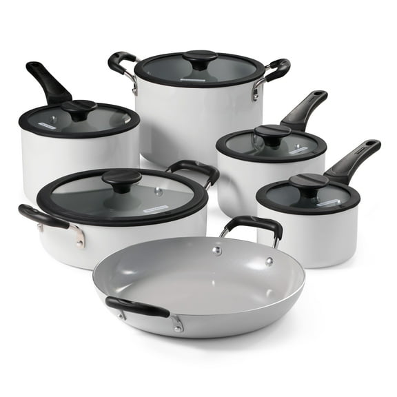 Tramontina 11 Piece Ceramic Nonstick Nesting Cookware Set — Stackable, Space Saving Set - Blance de blance