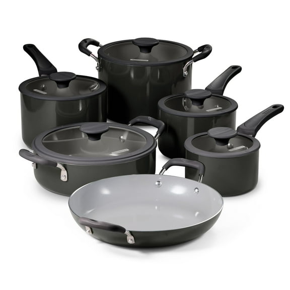 Tramontina 11 Piece Ceramic Nonstick Nesting Cookware Set — Stackable, Space Saving Set - Dark Gray
