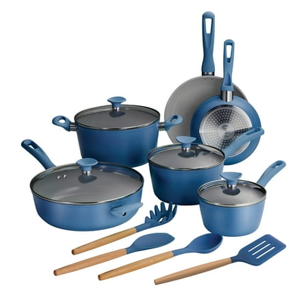 Tramontina Solara 14-Piece Aluminum Ceramic Nonstick Cookware Set with Utensils & Glass Lids, Induction-Ready, Oven & Dishwasher Safe - Blue