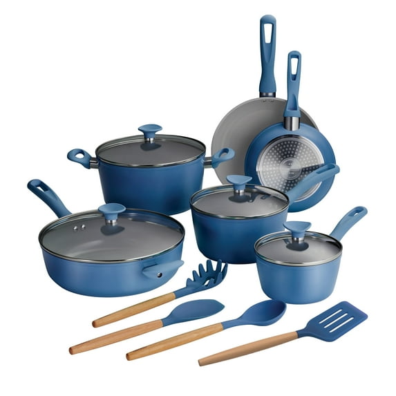 Tramontina Solara 14-Piece Aluminum Ceramic Nonstick Cookware Set with Utensils & Glass Lids, Induction-Ready, Oven & Dishwasher Safe - Blue