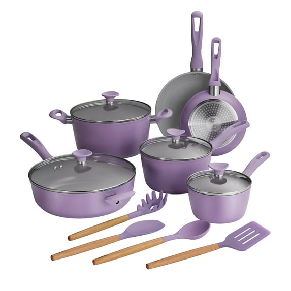 Tramontina Solara 14-Piece Aluminum Ceramic Nonstick Cookware Set with Utensils & Glass Lids, Induction-Ready, Oven & Dishwasher Safe - Purple