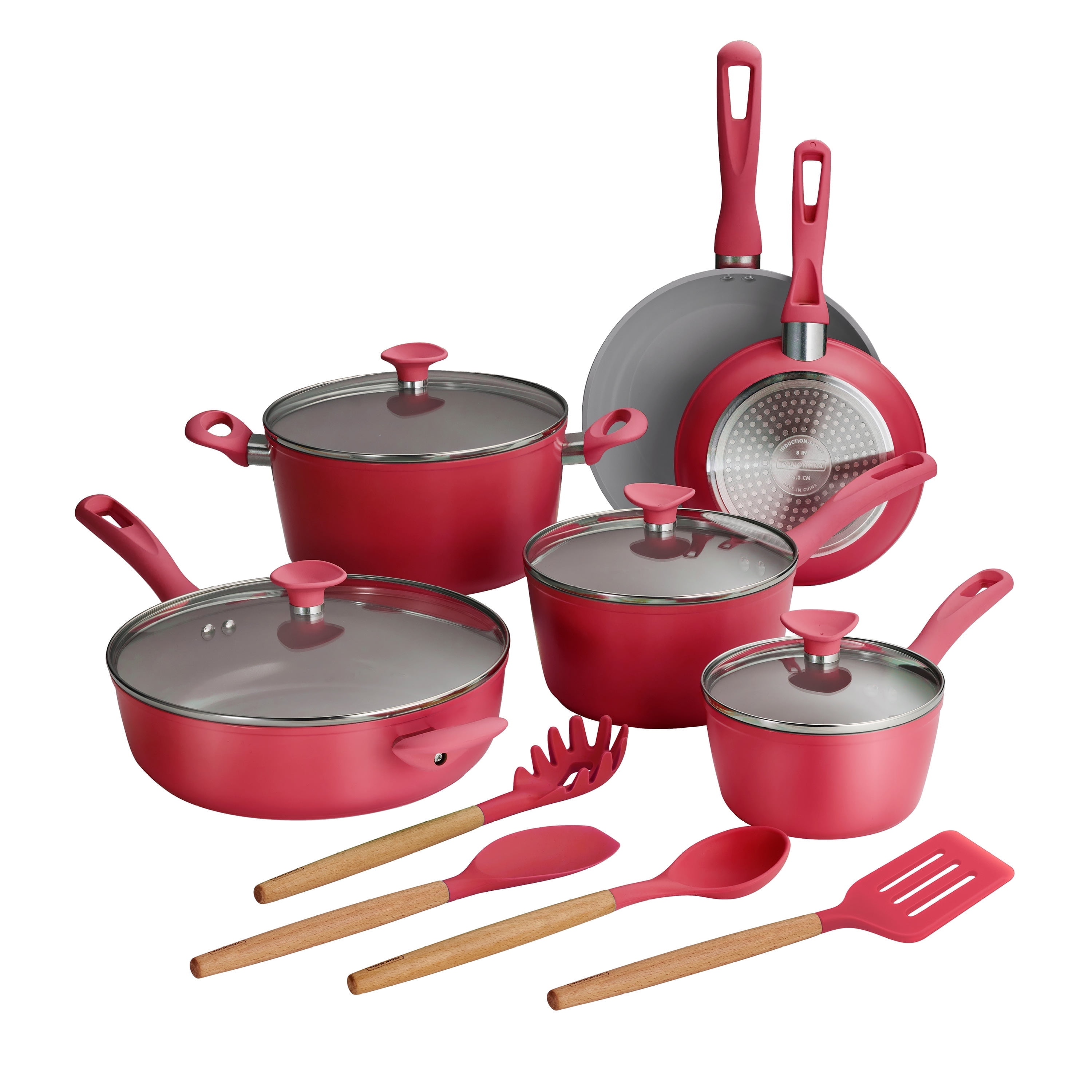 Red 14-Piece Nonstick Ceramic Cookware Set with Glass Lids