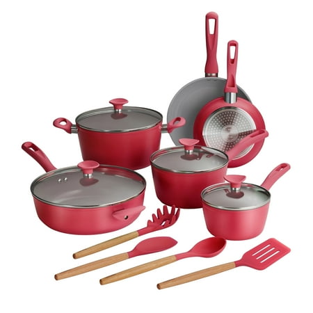 Tramontina Solara 14-Piece Aluminum Ceramic Nonstick Cookware Set with Utensils & Glass Lids, Induction-Ready, Oven & Dishwasher Safe - Red