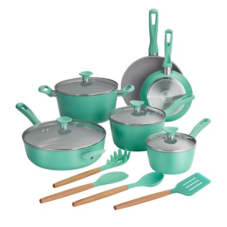 Tramontina Solara 14-Piece Aluminum Ceramic Nonstick Cookware Set with Utensils & Glass Lids, Induction-Ready, Oven & Dishwasher Safe - Teal