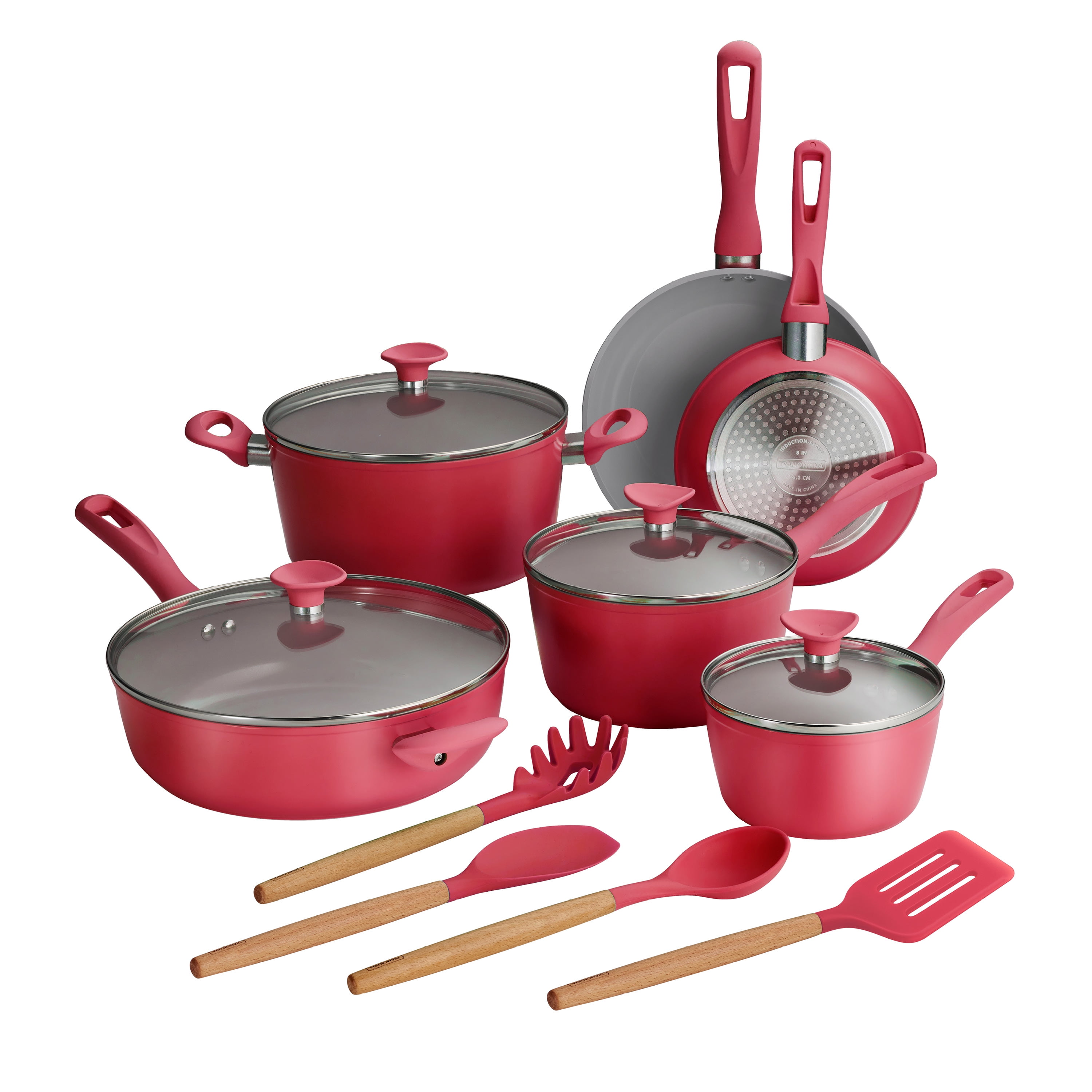 Red 14-Piece Nonstick Ceramic Cookware Set with Glass Lids