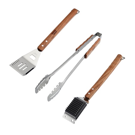 Tramontina Churrasco BBQ 3-Piece Stainless Steel BBQ Tool Set with Wood Handles, Includes Spatula, Tongs & Grill Brush