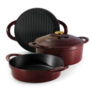 Tramontina 4-Piece Stackable Enamel Cast Iron Cookware Set, Cranberry with Gold Knob