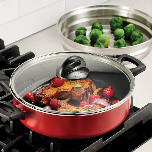 Tramontina 4-Quart Nonstick Everyday Pan with Steamer and Lid, Metallic Red, Dishwasher Safe