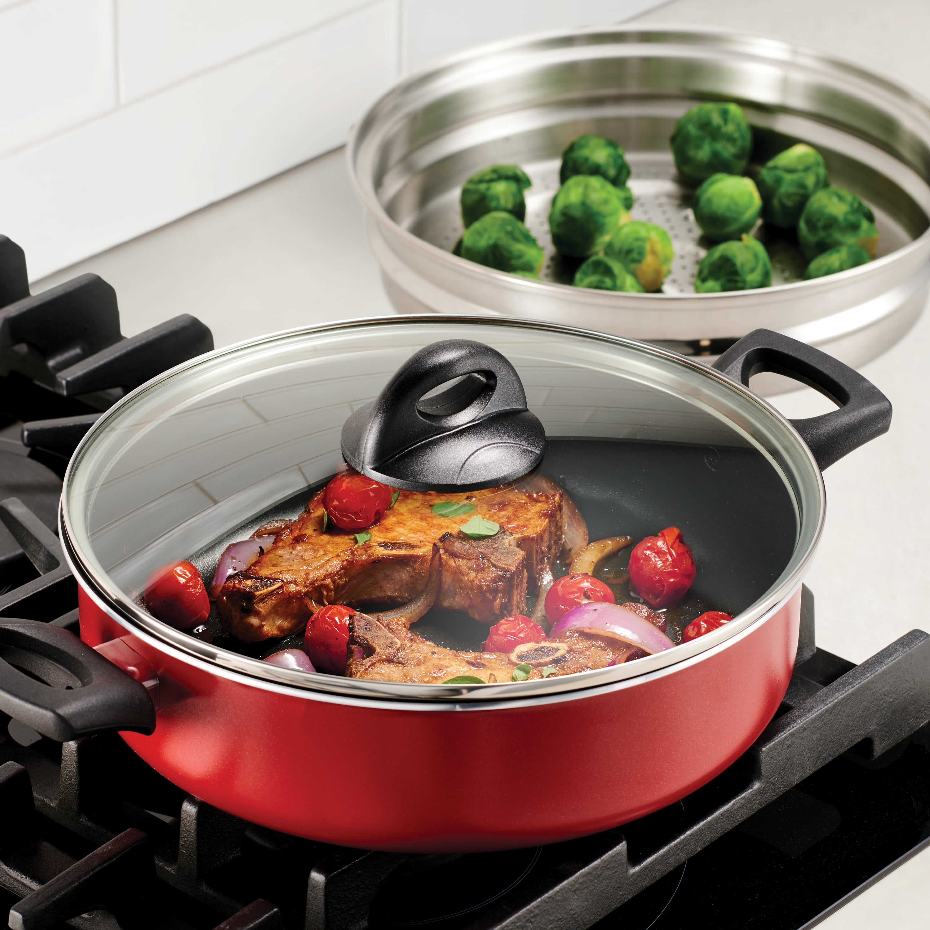 Red Aluminum 4 Qt Nonstick Pan with Steamer and Lid