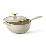 Tramontina Bestow 3-Quart Enameled Cast Iron Saucier with Lid, Latte with Gold Knob, Oven-Safe