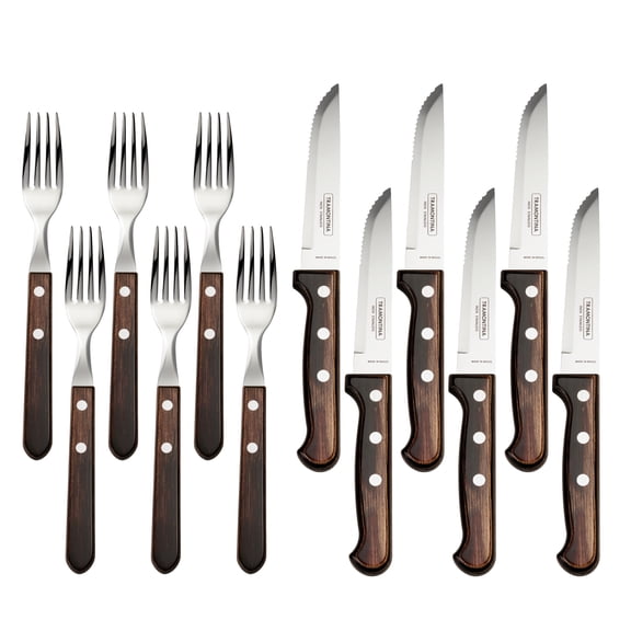 Tramontina Churrasco BBQ 12-Piece Stainless Steel Polywood Steak Knife and Fork Set Serrated Blades Silverware Set, Outdoor Dining