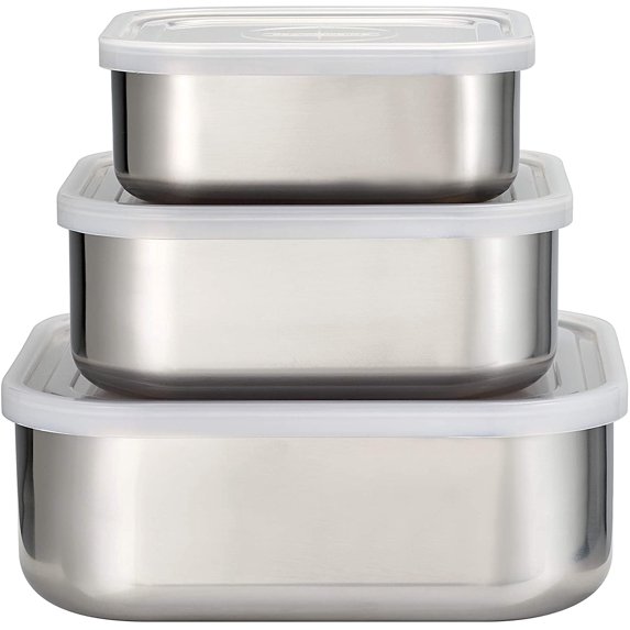 Tramontina 3-Piece Stainless Steel Square Container Set with Frosted Lid, Dishwasher Safe