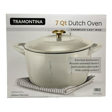 Tramontina Enamel Coated Cast Iron Round Dutch Oven, 7Qt, Latte/Gold Knob