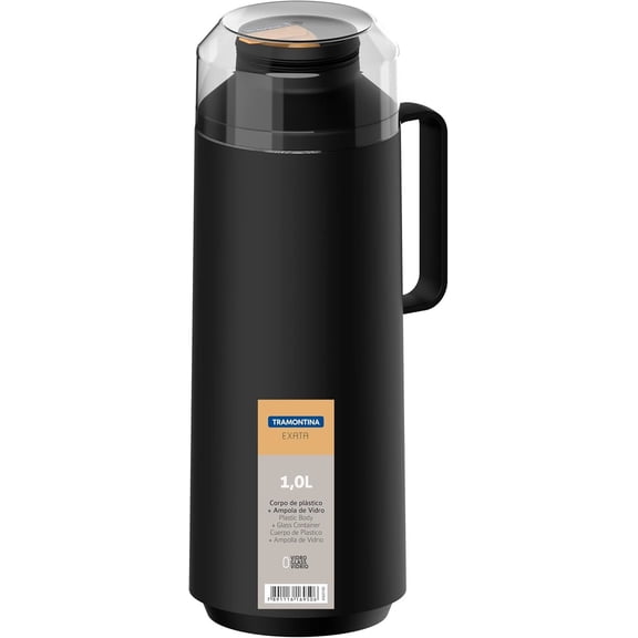 Tramontina Exata 1L Thermal Flask 61637/103 Black Glass-Lined Vacuum Insulated Bottle Carafe with Cup Lid for Hot & Cold Drinks