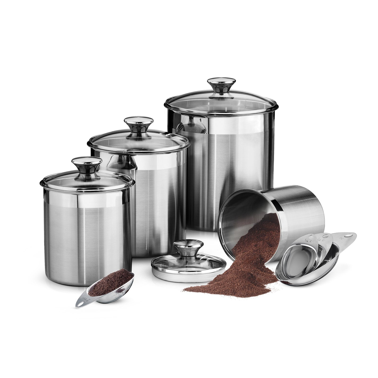 Stainless Steel 8-Piece Canister and Scoop Set with Glass Lids