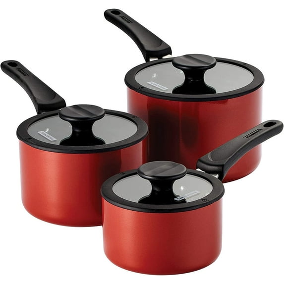 Tramontina Nesting 6-Piece Heavy-Gauge Aluminum Nonstick Sauce Pan Set with Glass Lids, Platinum, Porcelain Enamel, Dishwasher & Oven Safe - Red