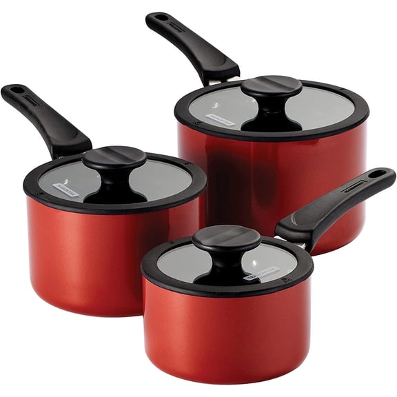 Tramontina Nesting 6-Piece Heavy-Gauge Aluminum Nonstick Sauce Pan Set with Glass Lids, Platinum, Porcelain Enamel, Dishwasher & Oven Safe - Red