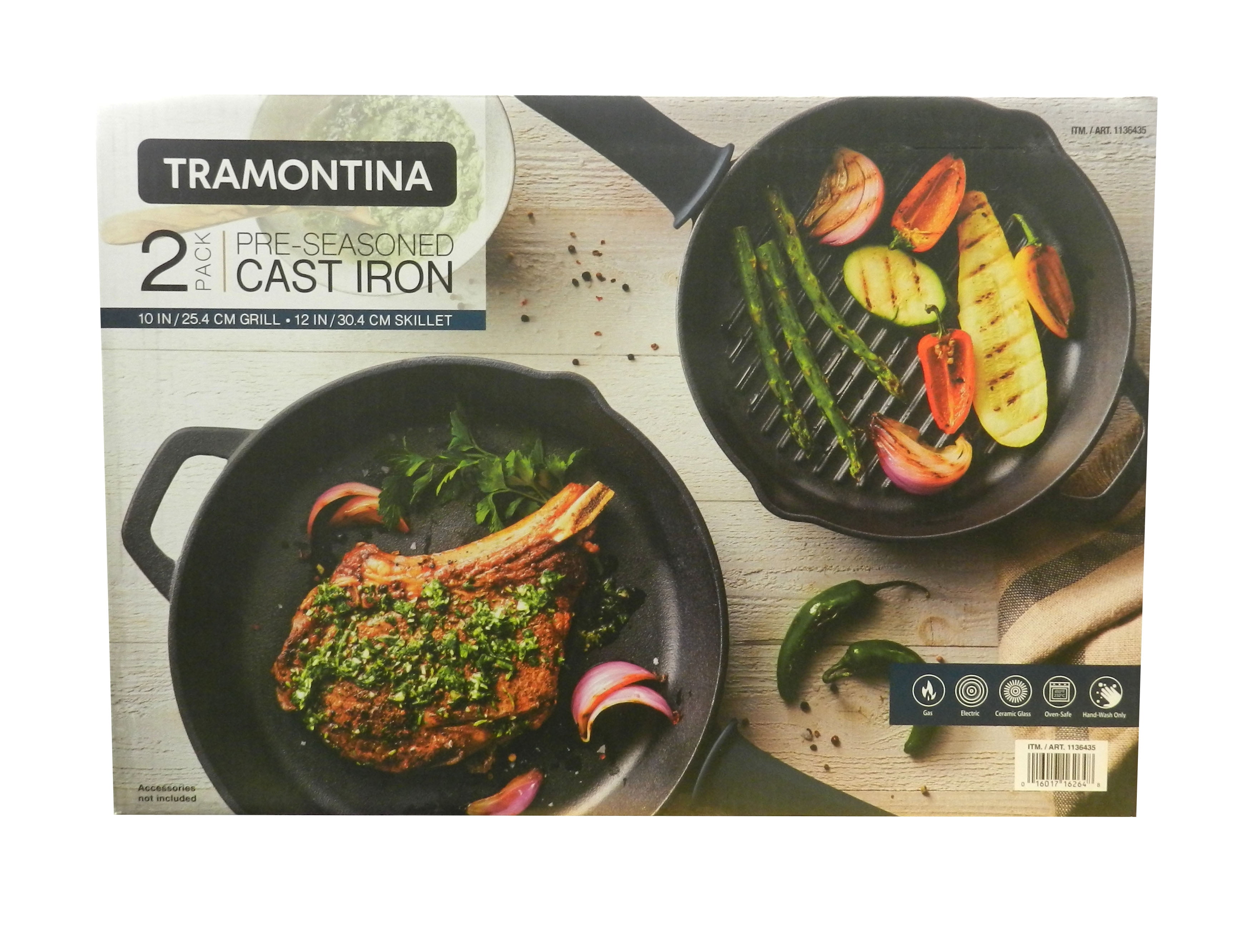 New Tramontina Pre-Seasoned Cast Iron 2-Pack 12” Skillet & 10” Grill Blue  Handle