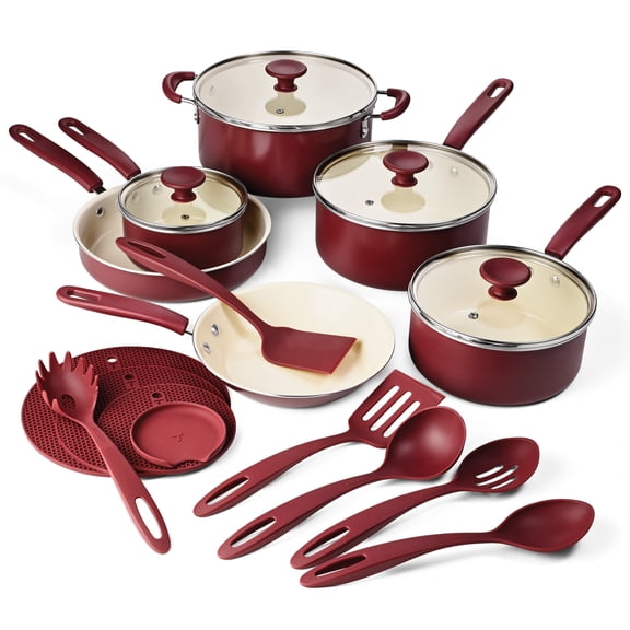 Tramontina Ceramaware 20-Piece Ceramic Nonstick Cookware Set, Wine