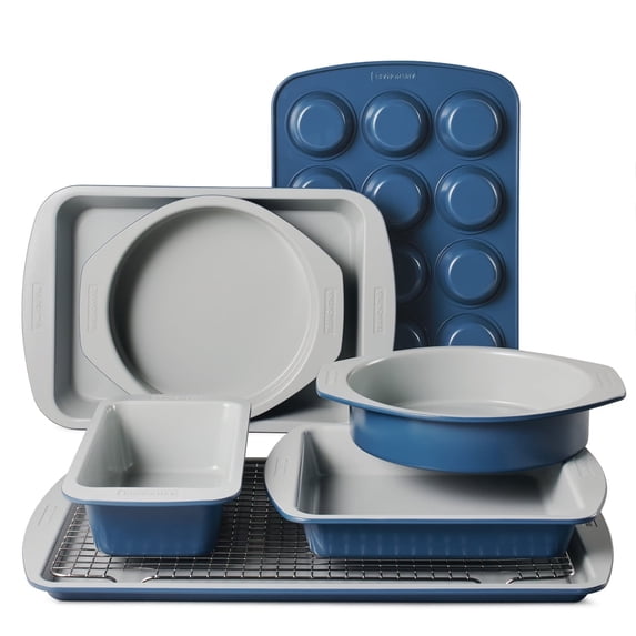 Tramontina Rise 8-Piece Aluminized Steel Ceramic Nonstick Bakeware Set with Cooling Rack, Oven-Safe, Space-Saving Design