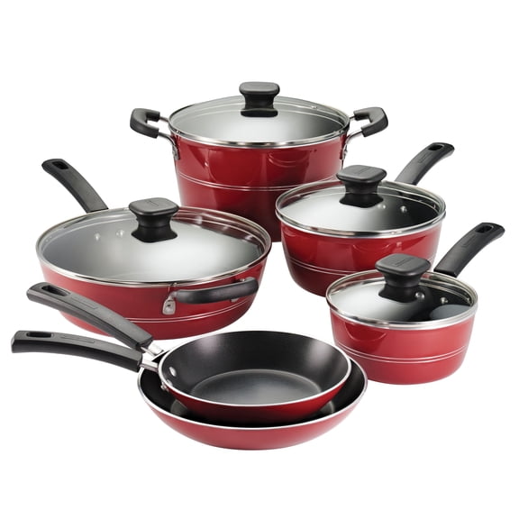 Tramontina Sicilia 10-Piece Non Stick Cookware Set with Glass Lids, Aluminum Nonstick Pots and Pans Kitchen Set (Raspberry)