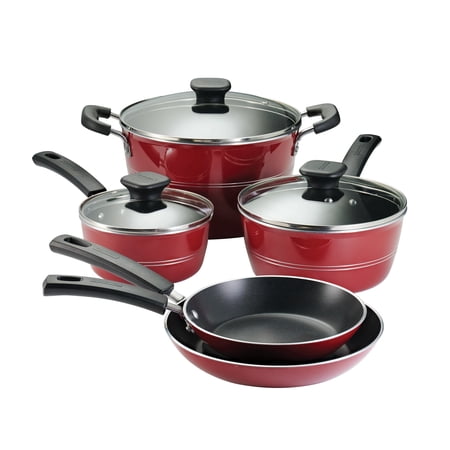 Tramontina Sicilia 8-Piece Non Stick Cookware Set with Glass Lids, Aluminum Nonstick Pots and Pans Kitchen Set (Raspberry)
