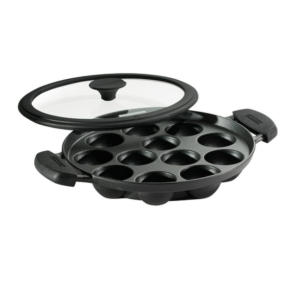 Tramontina Utsava Pre-Seasoned Cast Iron Appam Pan, 12-Hole Appe Pan with Lid, Great for Paniyaram, Takoyaki