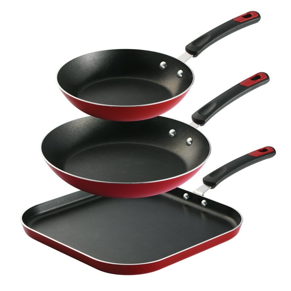 Tramontina everyday 3 pc aluminum nonstick fry pan and griddle set  metallic red