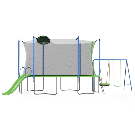 Trampoline, 12 FT Trampoline Set with Slide and Swing, Built-in Basketball Hoop & 2 Steps Ladder, Recreational Trampolines Jumping Workout for Garden Backyard, Outdoor Trampoline for Children, Adults