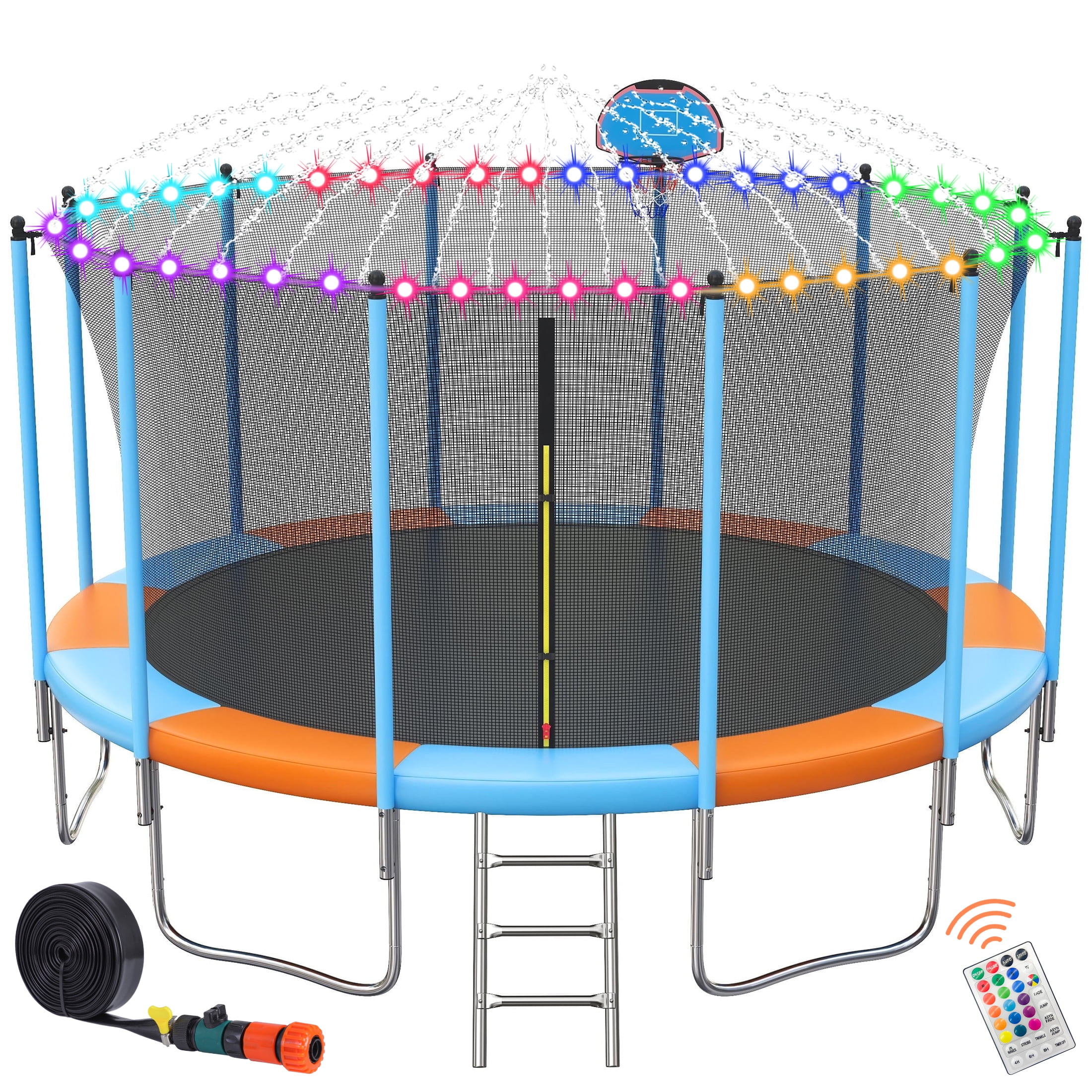 Trampoline for Adults and Kids with Safety Enclosure , 16ft SEGMART Upgrade Outdoor Trampoline with Basketball Hoop and LED Lights, Heavy Duty Round Trampoline with Ladder and Sprinkler for Outdoor