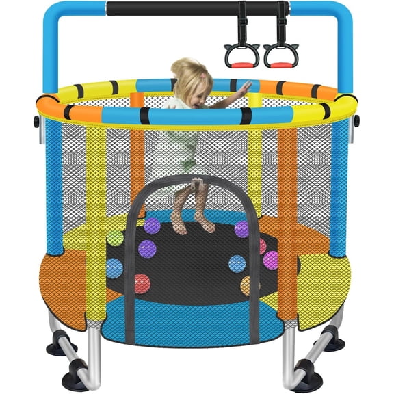 Trampoline for Ages 1-8, 55'' Small Trampoline with Safety Enclosure Net & Adjustable Gymnastics Bar, Indoor & Outdoor Mini Trampolines, Birthday Gifts for & Boys & Girls