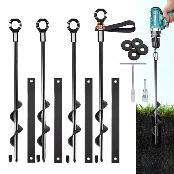 Trampoline Anchors High Wind Heavy Duty 15" Set of 4, Earth Ground Anchor Screw in, Trampoline Wind Stakes with Straps, Shed Anchor Kit for Mobile Home, Canopies, Carport, Gazebo, Swing Set