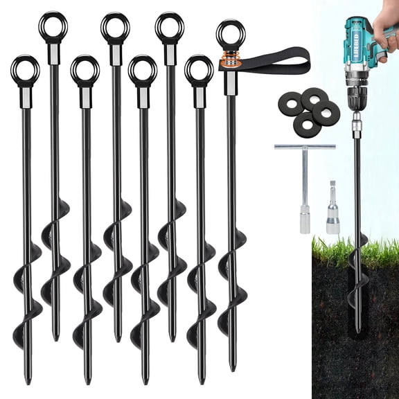 Trampoline Anchors High Wind Heavy Duty 17.7" Set of 8, Earth Ground Anchor Screw in, Trampoline Wind Stakes with Straps, Shed Anchor Kit for Mobile Home, Canopies, Carport, Gazebo, Swing Set