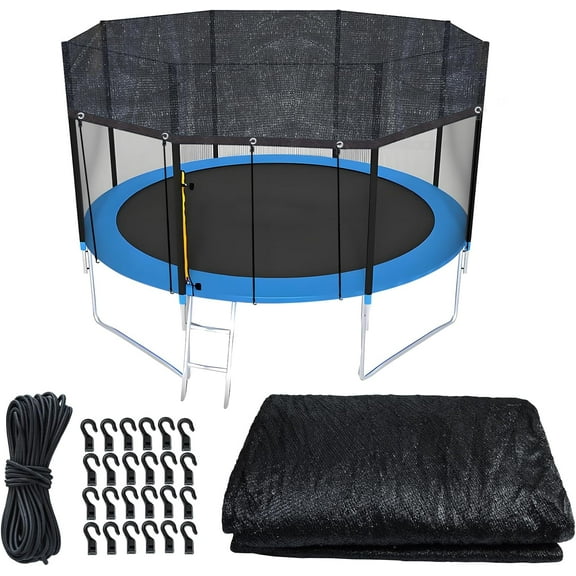 Trampoline Cover Round 12 Holes 90% Sunblock Shade Cloth 14FT Black Trampoline Top Shade Cover Sun Shade Mesh Tarp with 49FT Elastic Cord & 24 Plastic Hooks for Outdoor Backyard Playground(Tent Only)