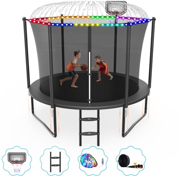 Cochan 10FT Trampoline with Enclosure for Adults and Kids, Outdoor Heavy Duty Trampoline with Water Sprinkler and Lights, Kids Trampoline with Basketball Hoop, Birthday Gift, 1000LBS Weight Capacity