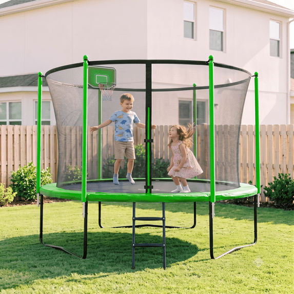 Cochan Trampoline with Enclosure for Kids and Adults, 10FT Trampoline with Basketball Hoop, Ladder, Silent Basketballs, Outdoor Heavy Duty Galvanized Trampoline, Easy Install