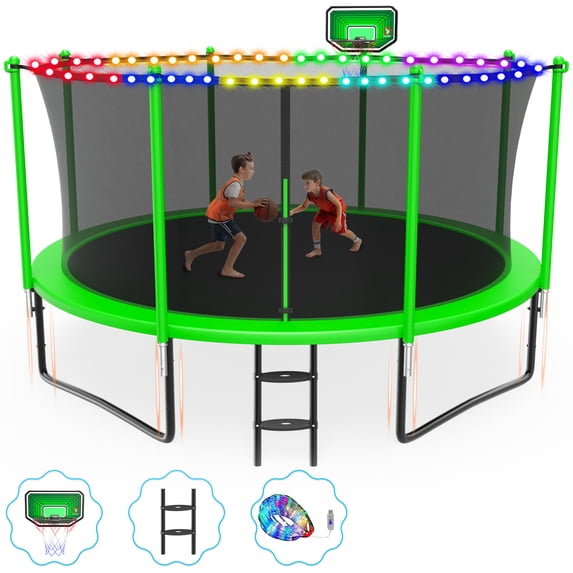 Cochan 12FT Trampoline with Enclosure for Adults and Kids, Outdoor Heavy Duty Trampoline with Lights, Kids Trampoline with Basketball Hoop, Birthday Gift, 1200LBS Weight Capacity