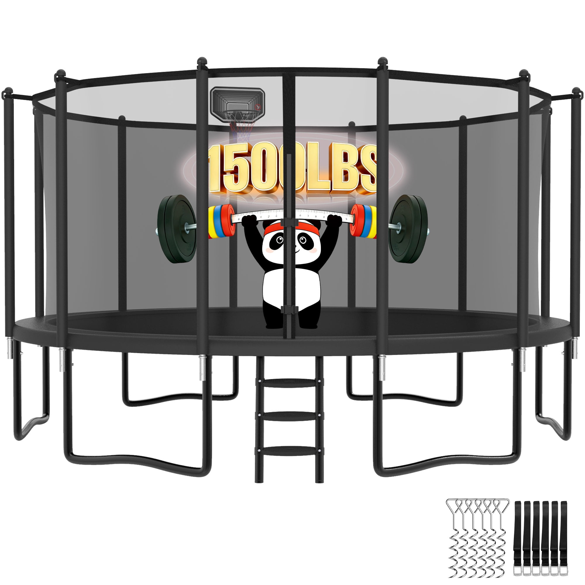 Cochan Trampoline with Enclosure for Kids and Adults, 12FT Trampoline with Basketball Hoop, Ladder, Silent Basketballs, Windproof Stake, Outdoor Heavy Duty Galvanized Trampoline, Easy Install