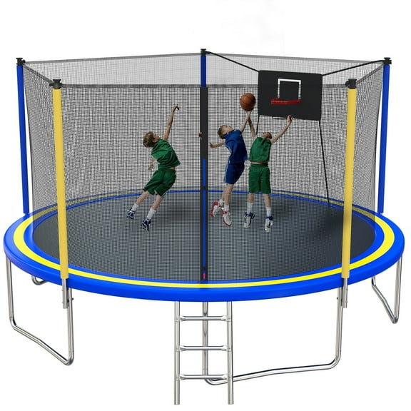 14FT Recreational Trampoline with Enclosure Net and Ladder, SEGMART Outdoor Trampoline with Basketball Hoop, Backyard Trampoline, Heavy Duty Round Trampoline for Kids and Adults
