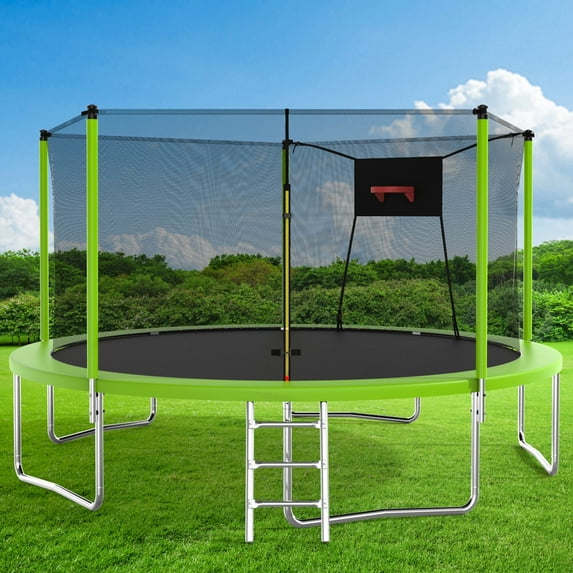 Trampoline with Enclosure, SEGMART Upgraded 14FT Kids Outdoor Trampoline with Basketball Hoop and Ladder, Heavy Duty Round Trampoline for Indoor Outdoor Backyard