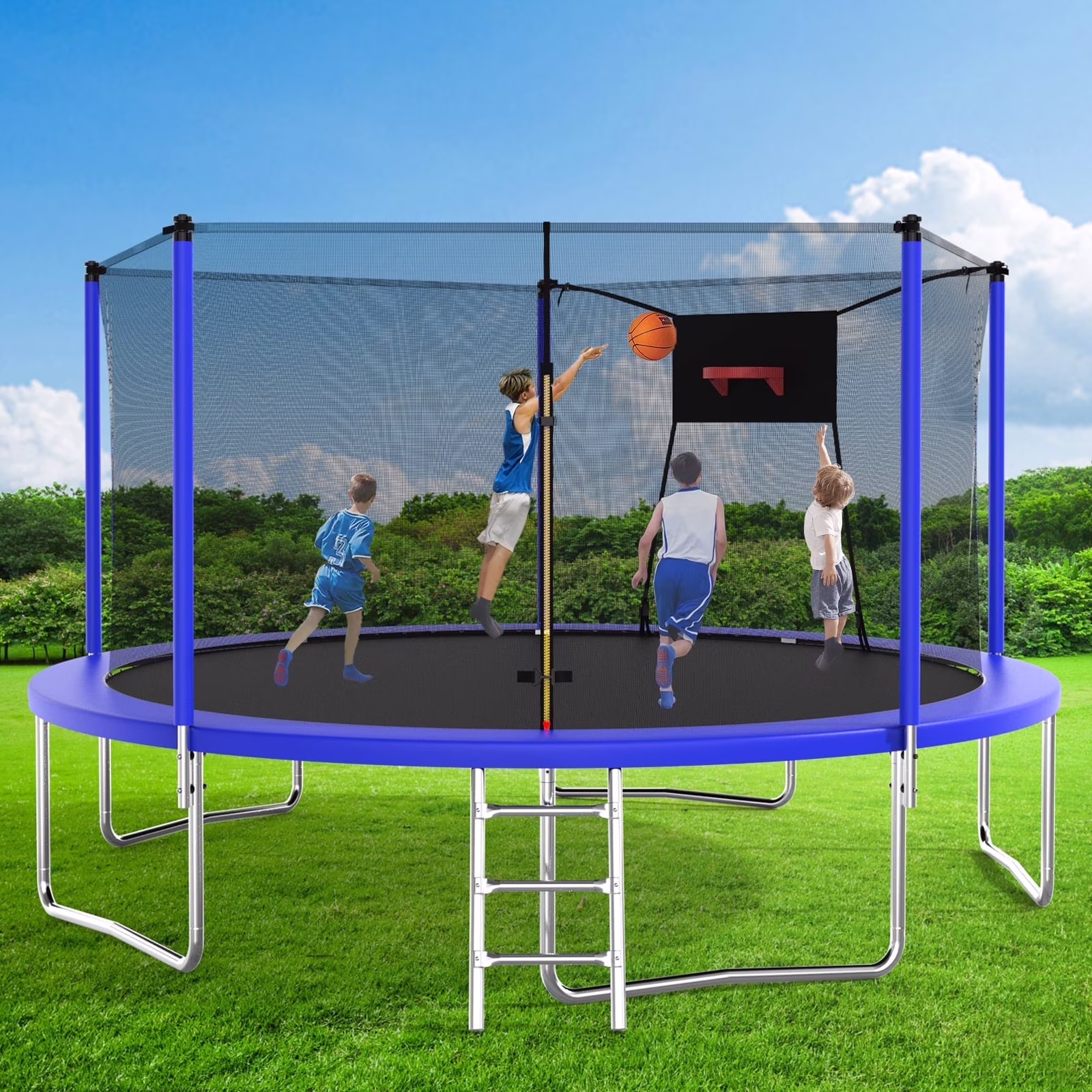 14FT Recreational Trampoline with Enclosure Net and Ladder, SEGMART Outdoor Trampoline with Basketball Hoop, Backyard Trampoline, Heavy Duty Round Trampoline for Kids and Adults
