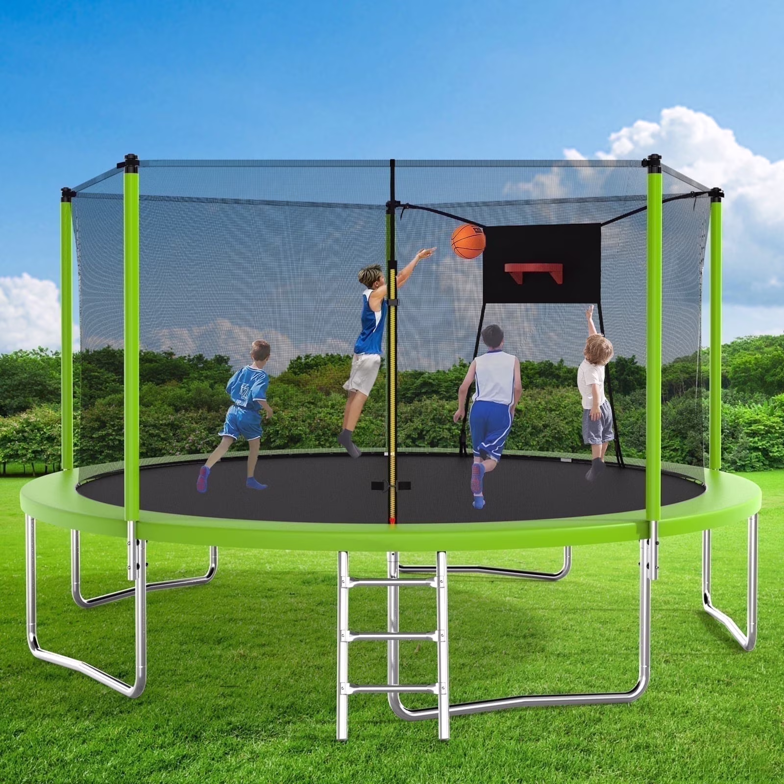 14FT Recreational Trampoline with Enclosure Net and Ladder, SEGMART Outdoor Trampoline with Basketball Hoop, Backyard Trampoline, Heavy Duty Round Trampoline for Kids and Adults