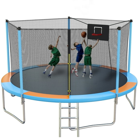 14FT Recreational Trampoline with Enclosure Net and Ladder, SEGMART Outdoor Trampoline with Basketball Hoop, Backyard Trampoline, Heavy Duty Round Trampoline for Kids and Adults