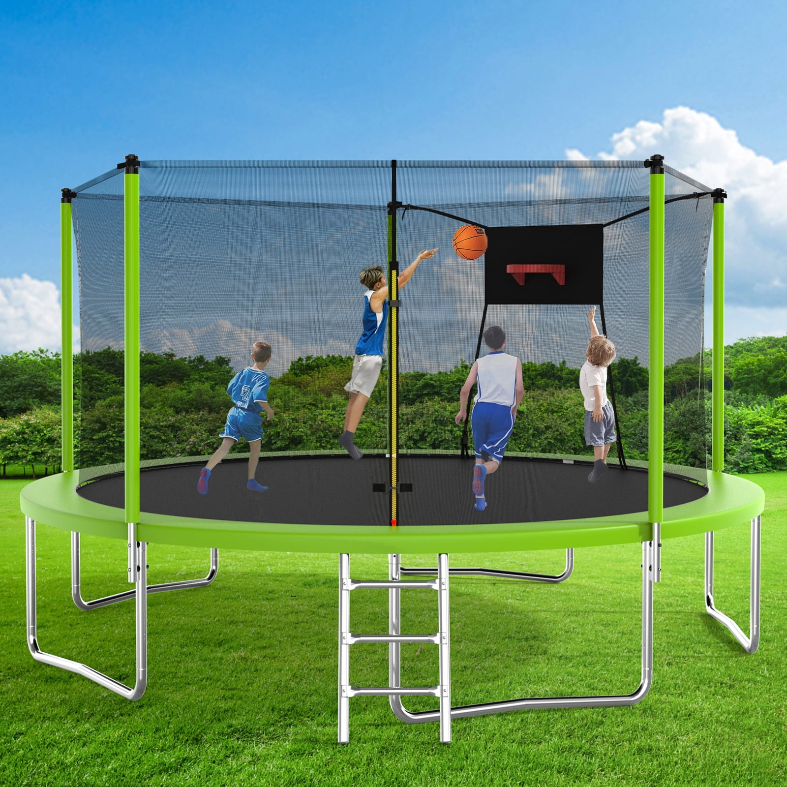Trampoline with Enclosure, Upgraded 14 Feet Kids Outdoor Trampoline with Basketball Hoop and Ladder, Heavy Duty Round Trampoline for Indoor Outdoor Backyard, LLL4568