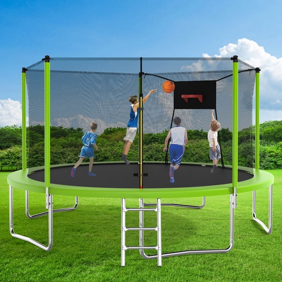 Trampoline with Enclosure, Upgraded 14 Feet Kids Outdoor Trampoline with Basketball Hoop and Ladder, Heavy Duty Round Trampoline for Indoor Outdoor Backyard, LLL4568