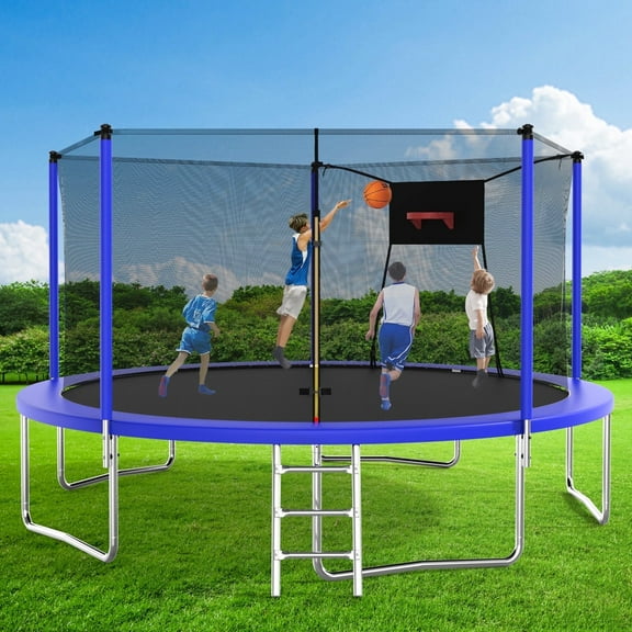 Trampoline with Enclosure, SEGMART Upgraded 14FT Kids Outdoor Trampoline with Basketball Hoop and Ladder, Heavy Duty Round Trampoline for Indoor Outdoor Backyard