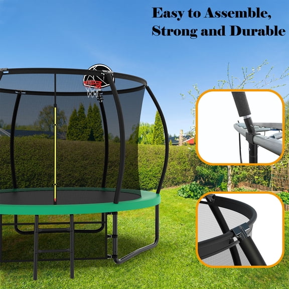 Trampoline For Kids 10FT Pumpkin Trampoline, Outdoor Trampoline with Basketball Hoop, Enclosure Net and Ladder,Mini Trampoline