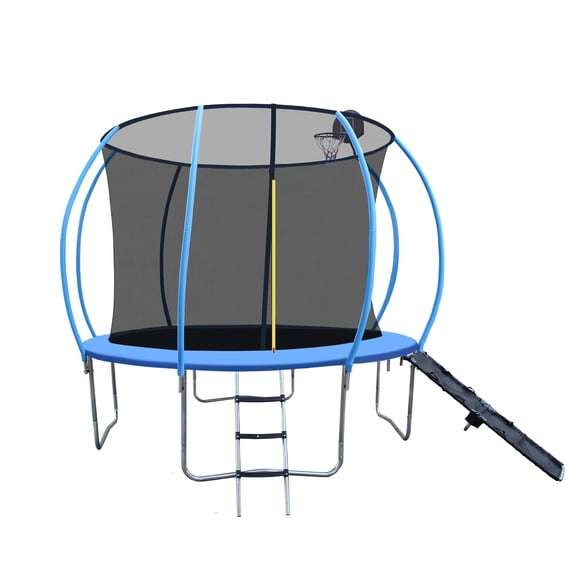 Trampoline For Kids 10FT Trampoline with Enclosure - Recreational Trampolines with Ladder and Anti Rust Coating, Pumpkin-shaped Trampoline with Slide and Basket Board, ASTM Approval Outdoor Trampolin